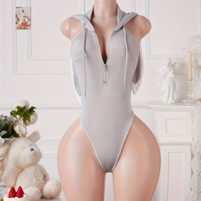 Gray bunny hooded bodysuit — front view