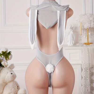 Sexy backless bunny lingerie onesie costume with deep lace trim